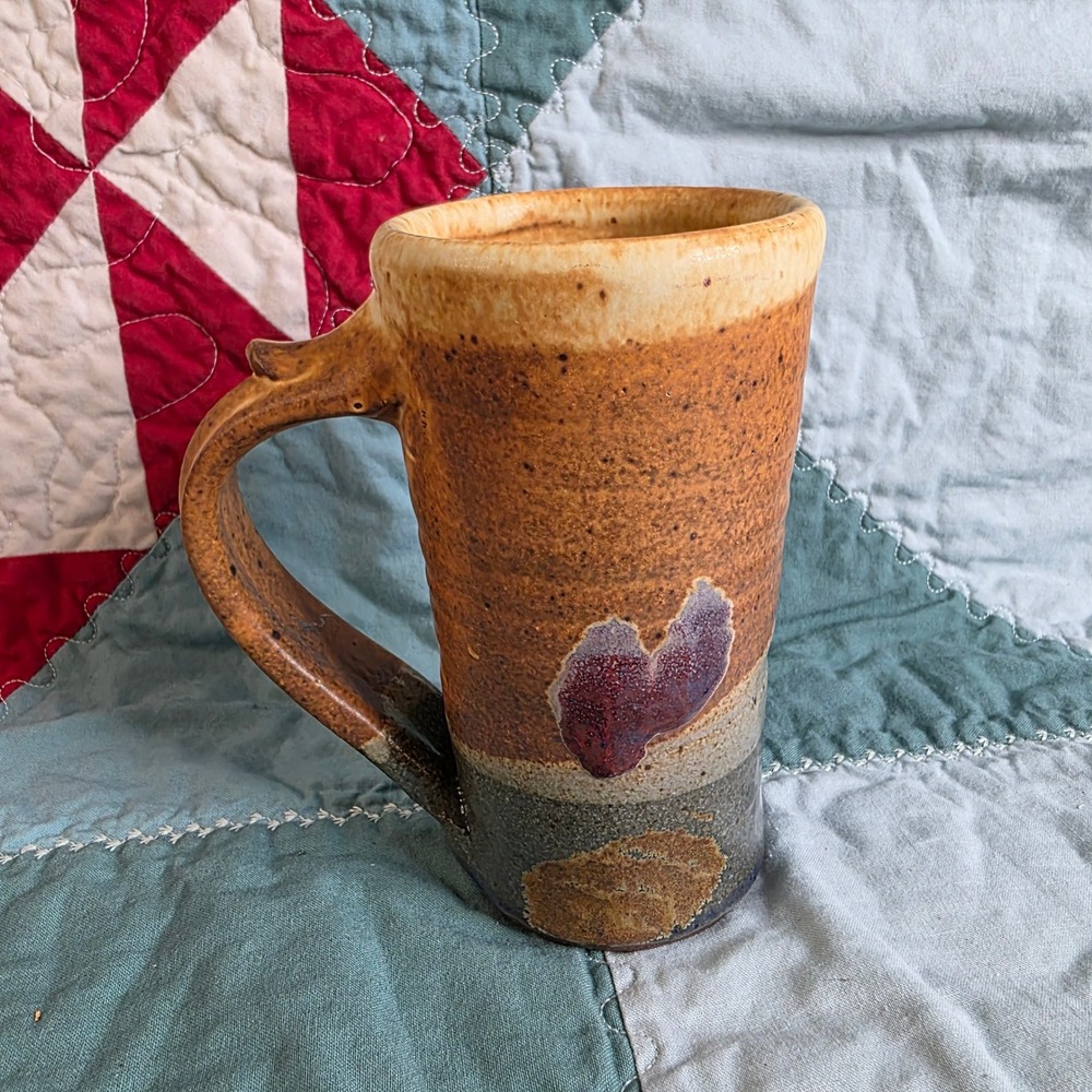 Handmade Studio Pottery Tall Mug Earthy Brown Glazed Stoneware Heart Detail 6in